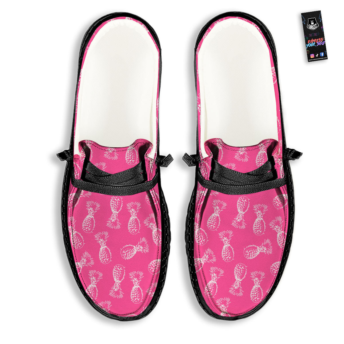 Pineapple Hot Pink Print Pattern Black Loafers-grizzshop