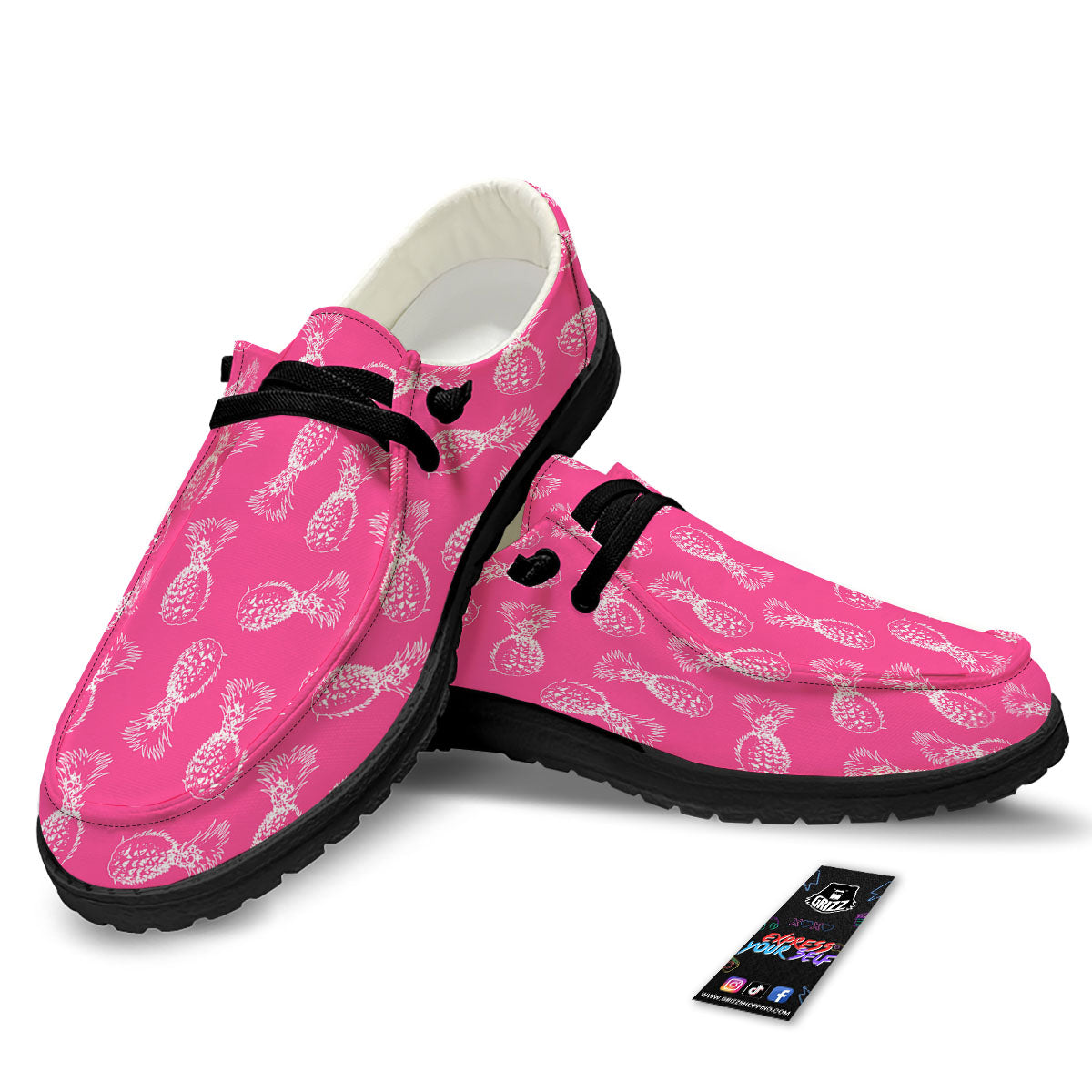 Pineapple Hot Pink Print Pattern Black Loafers-grizzshop