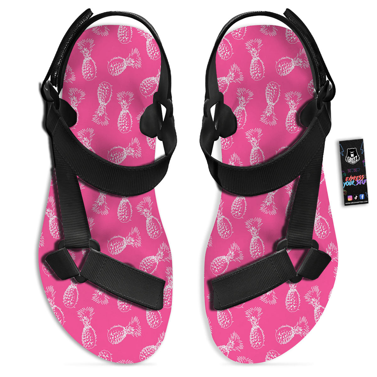 Pineapple Hot Pink Print Pattern Black Open Toe Sandals-grizzshop