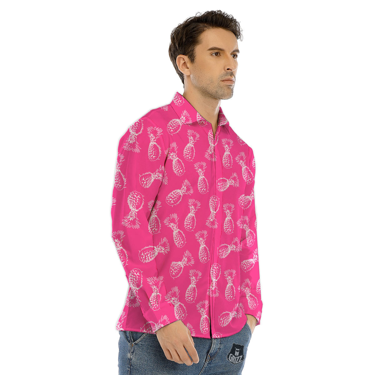 Pineapple Hot Pink Print Pattern Men's Dress Shirts-grizzshop