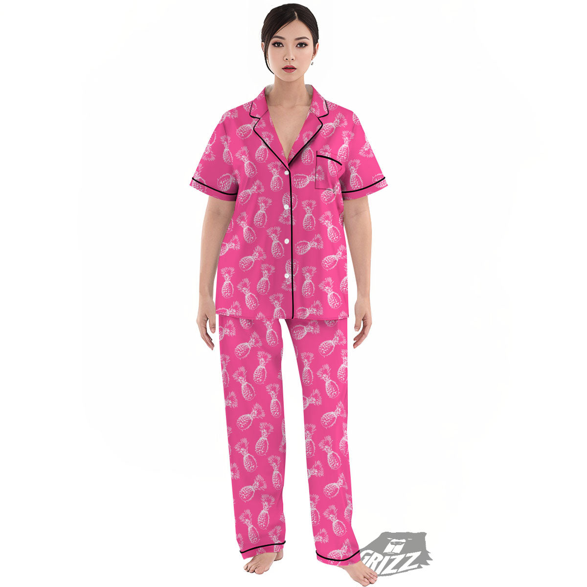 Pineapple Hot Pink Print Pattern Women's Pajamas Set-grizzshop