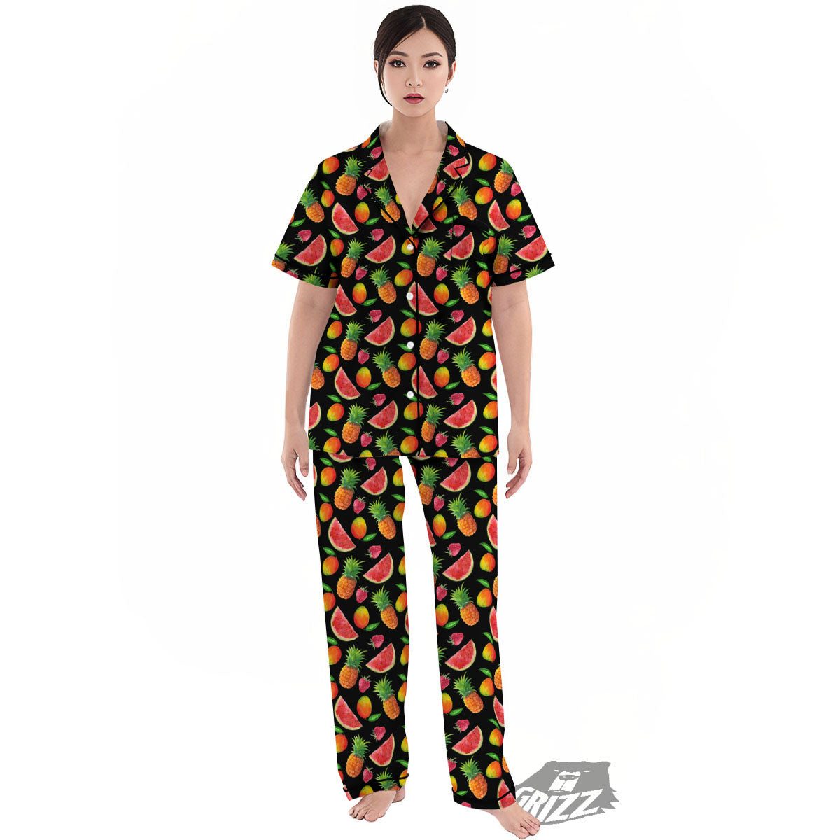 Pineapple Mix Fruit Print Pattern Women's Pajamas Set-grizzshop