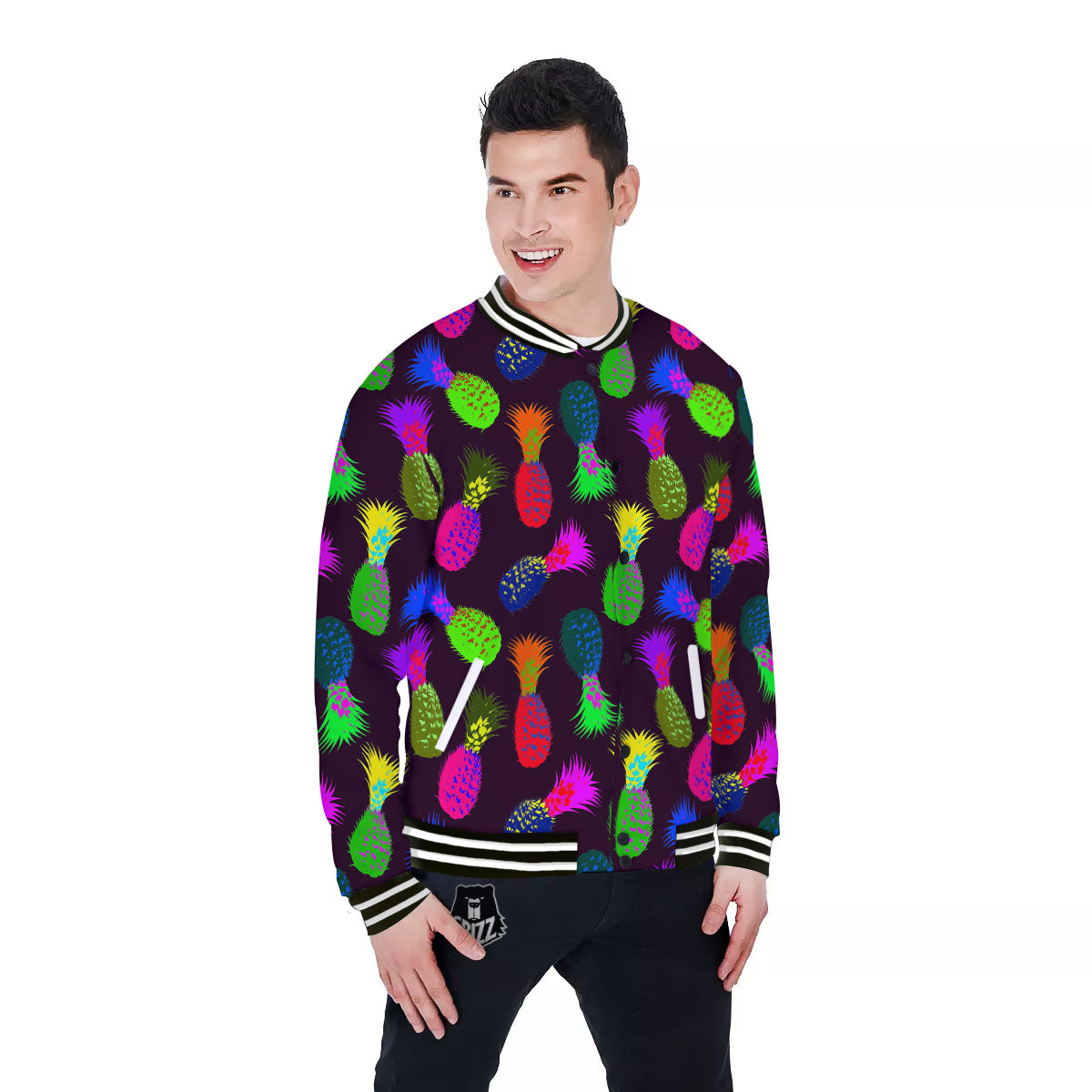 Pineapple Neon Trippy Print Pattern Baseball Jacket-grizzshop
