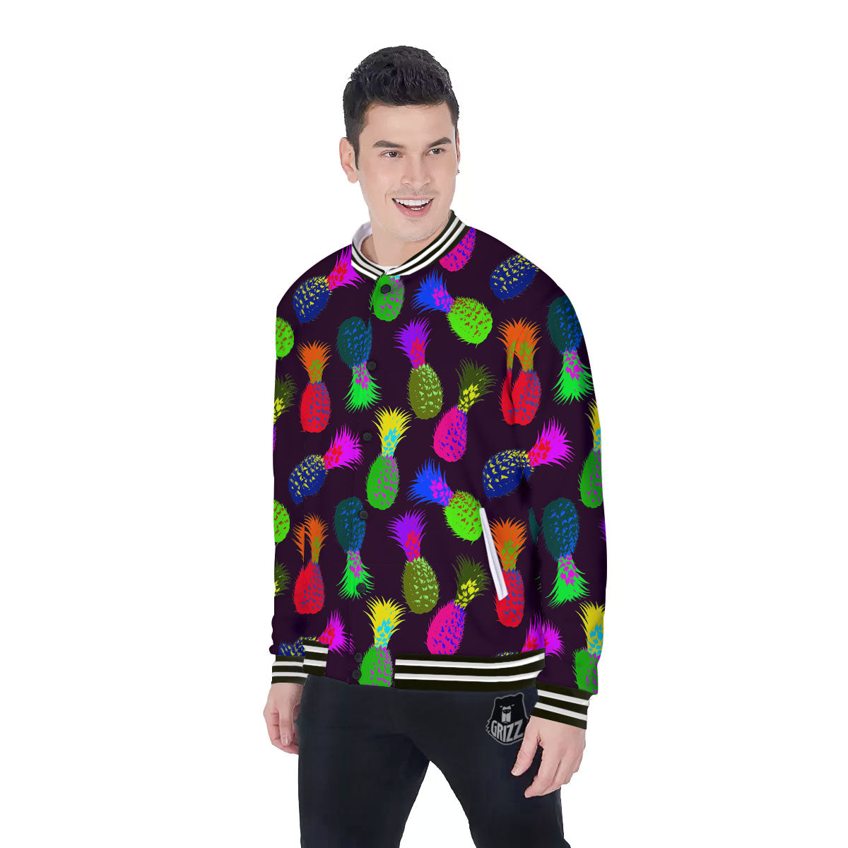 Pineapple Neon Trippy Print Pattern Baseball Jacket-grizzshop