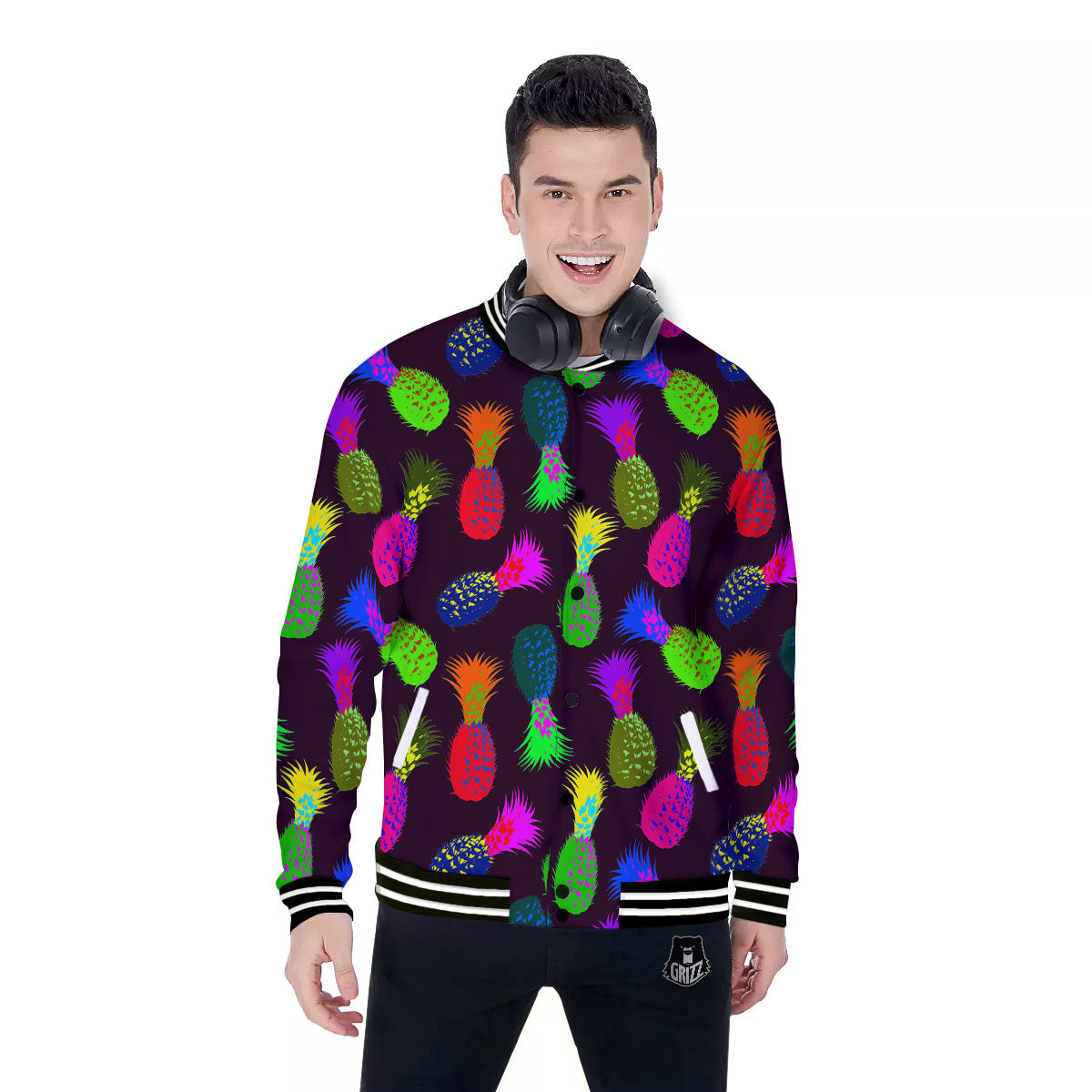 Pineapple Neon Trippy Print Pattern Baseball Jacket-grizzshop