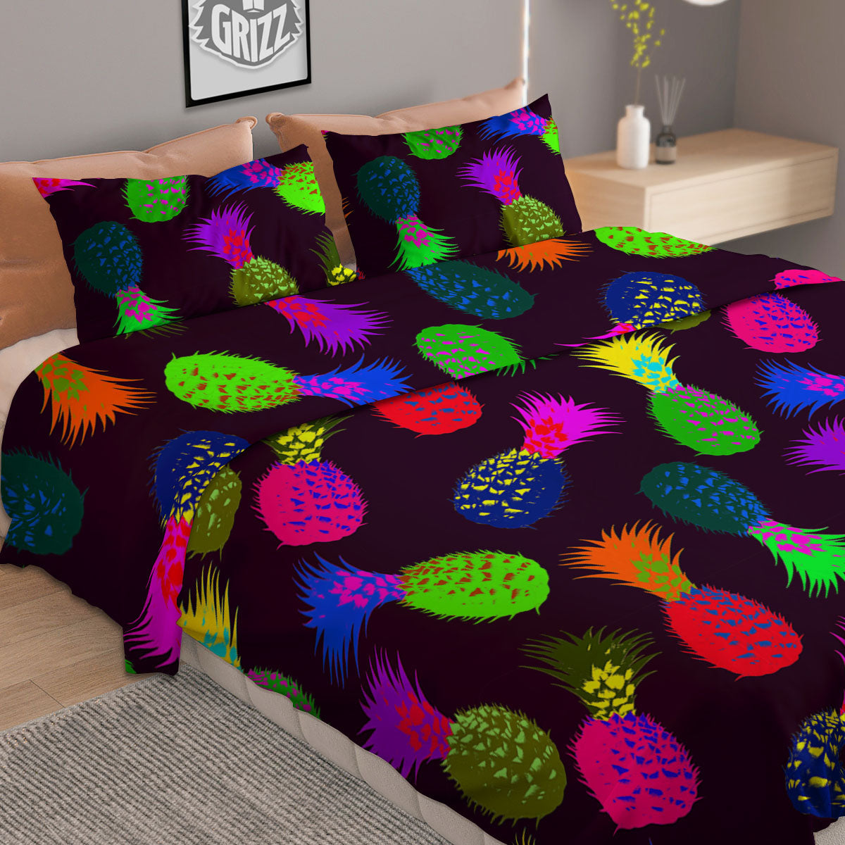 Pineapple Neon Trippy Print Pattern Duvet Cover Bedding Set