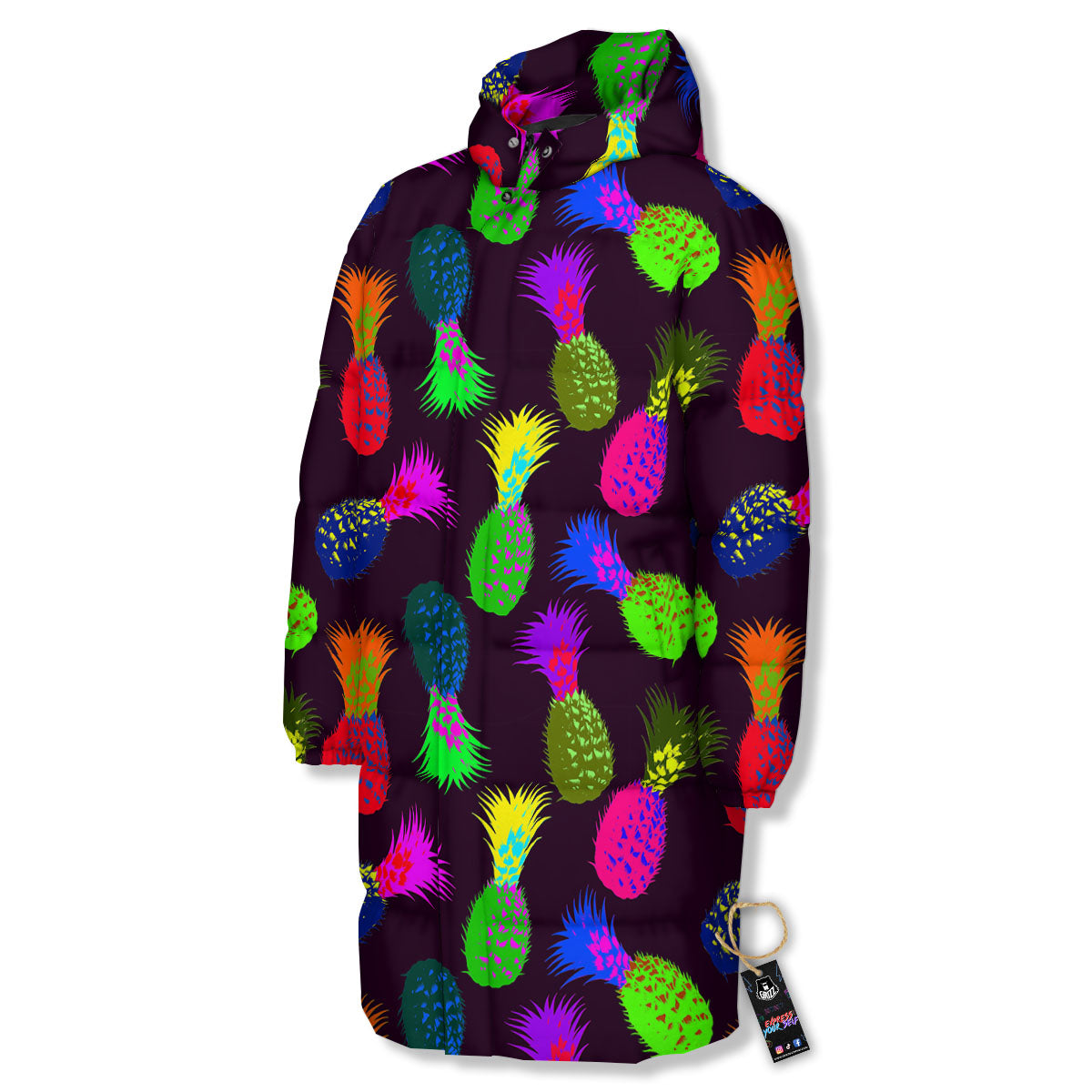 Pineapple Neon Trippy Print Pattern Long Down Jacket-grizzshop