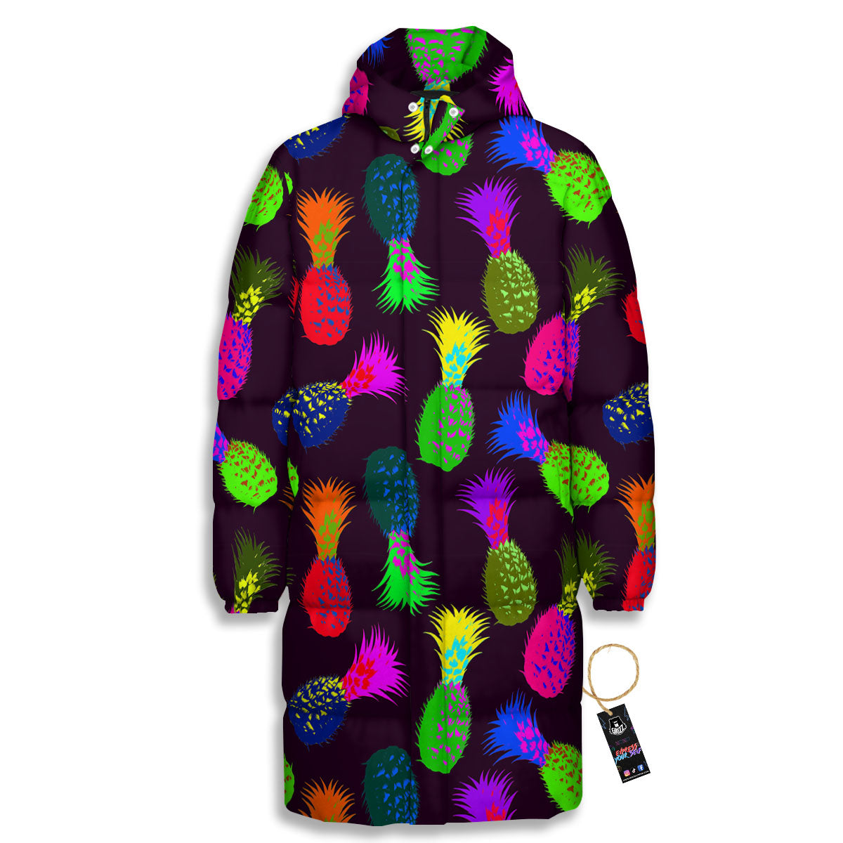 Pineapple Neon Trippy Print Pattern Long Down Jacket-grizzshop