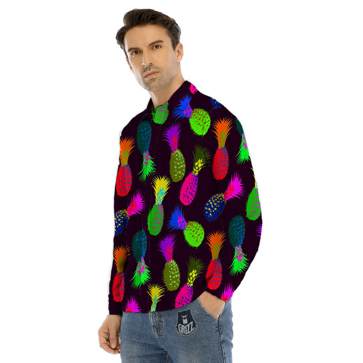 Pineapple Neon Trippy Print Pattern Men's Dress Shirts-grizzshop