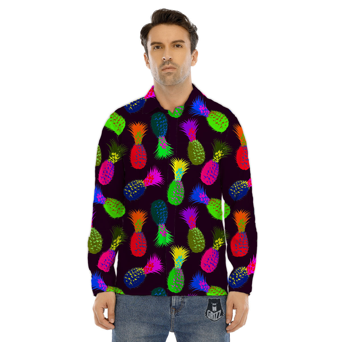 Pineapple Neon Trippy Print Pattern Men's Dress Shirts-grizzshop