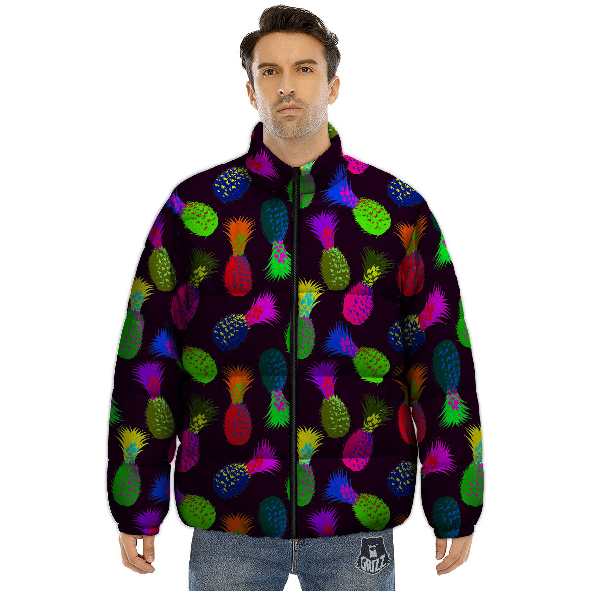 Pineapple Neon Trippy Print Pattern Puffer Jacket-grizzshop