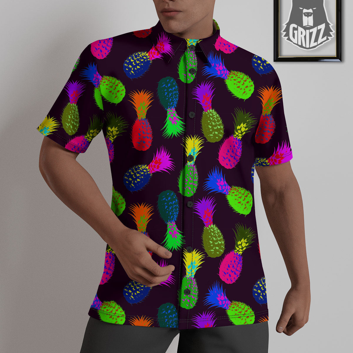 Pineapple Neon Trippy Print Pattern Untucked Shirts-grizzshop