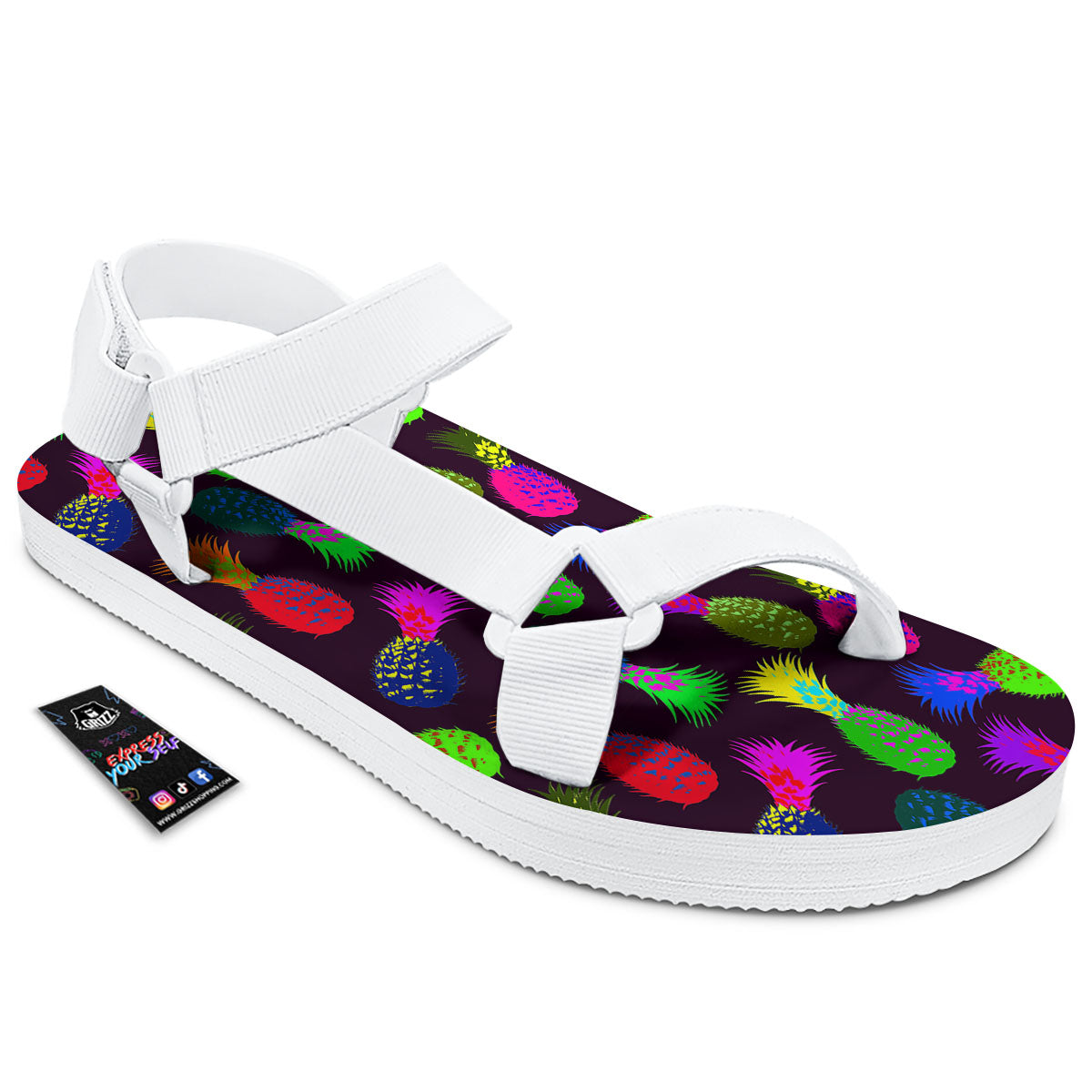 Pineapple Neon Trippy Print Pattern White Open Toe Sandals-grizzshop
