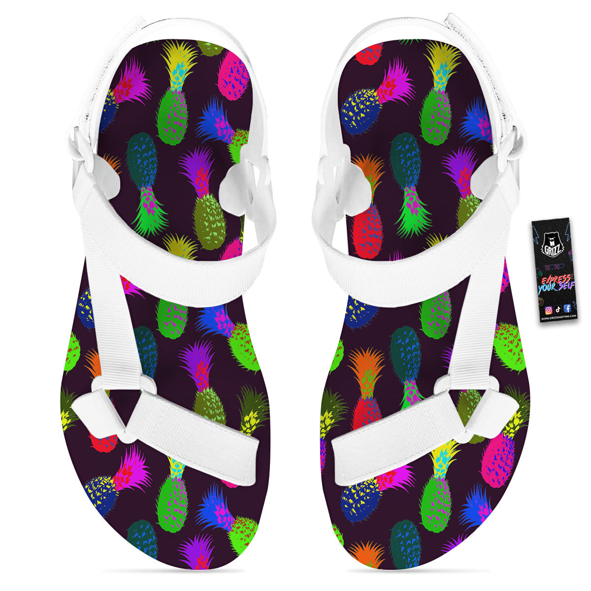Pineapple Neon Trippy Print Pattern White Open Toe Sandals-grizzshop