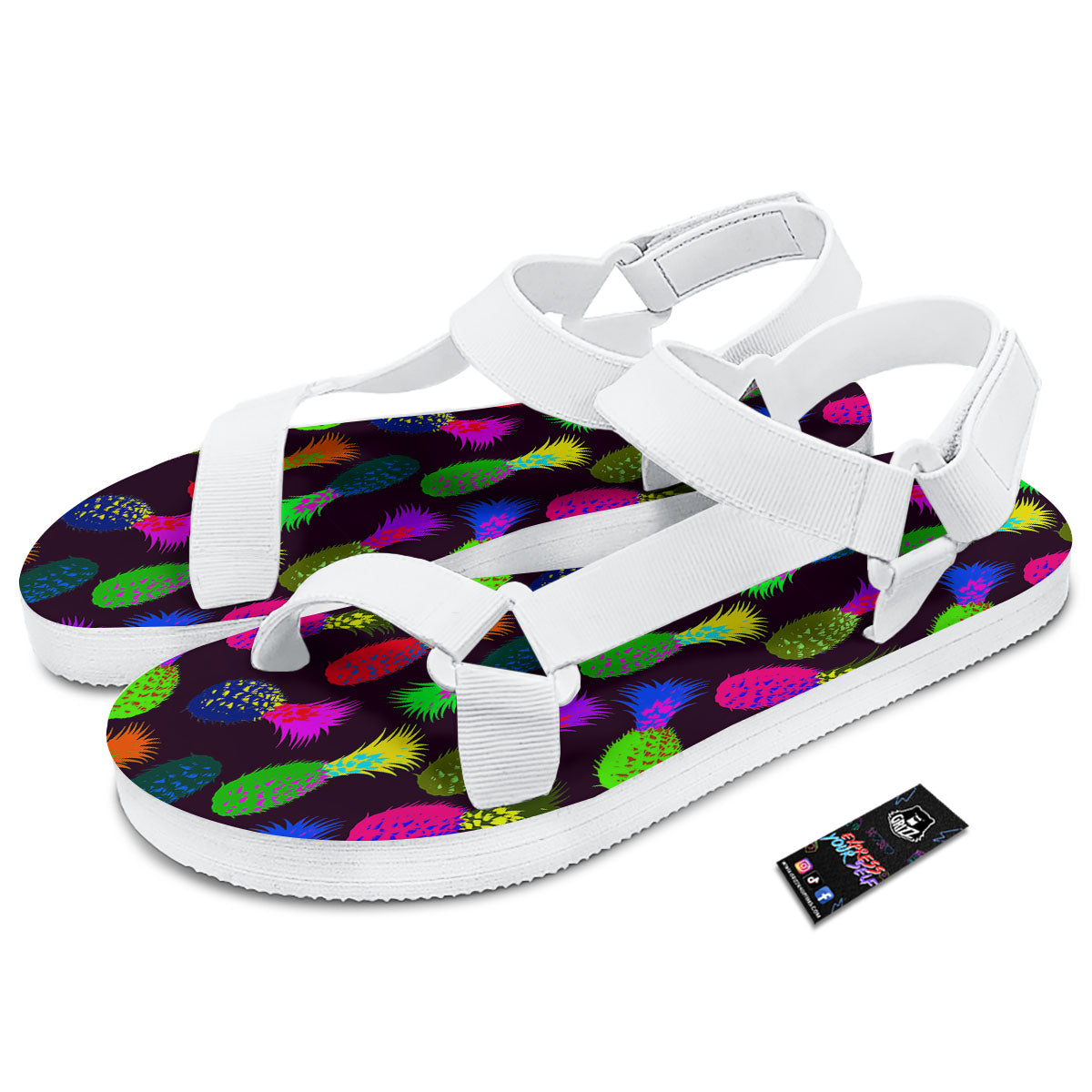 Pineapple Neon Trippy Print Pattern White Open Toe Sandals-grizzshop