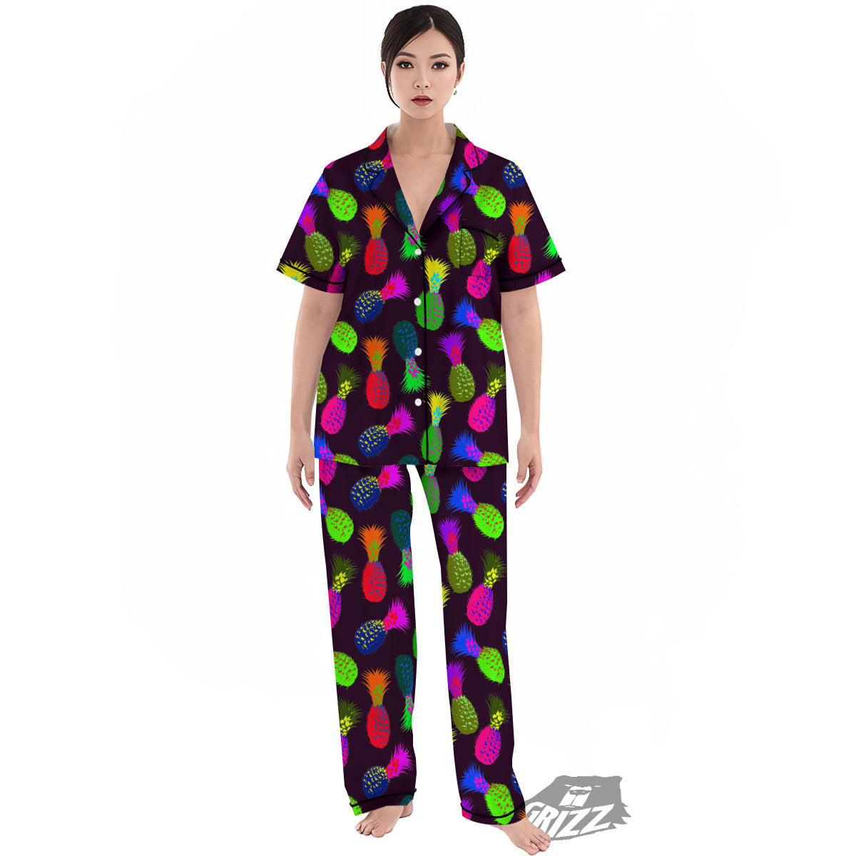 Pineapple Neon Trippy Print Pattern Women's Pajamas Set-grizzshop