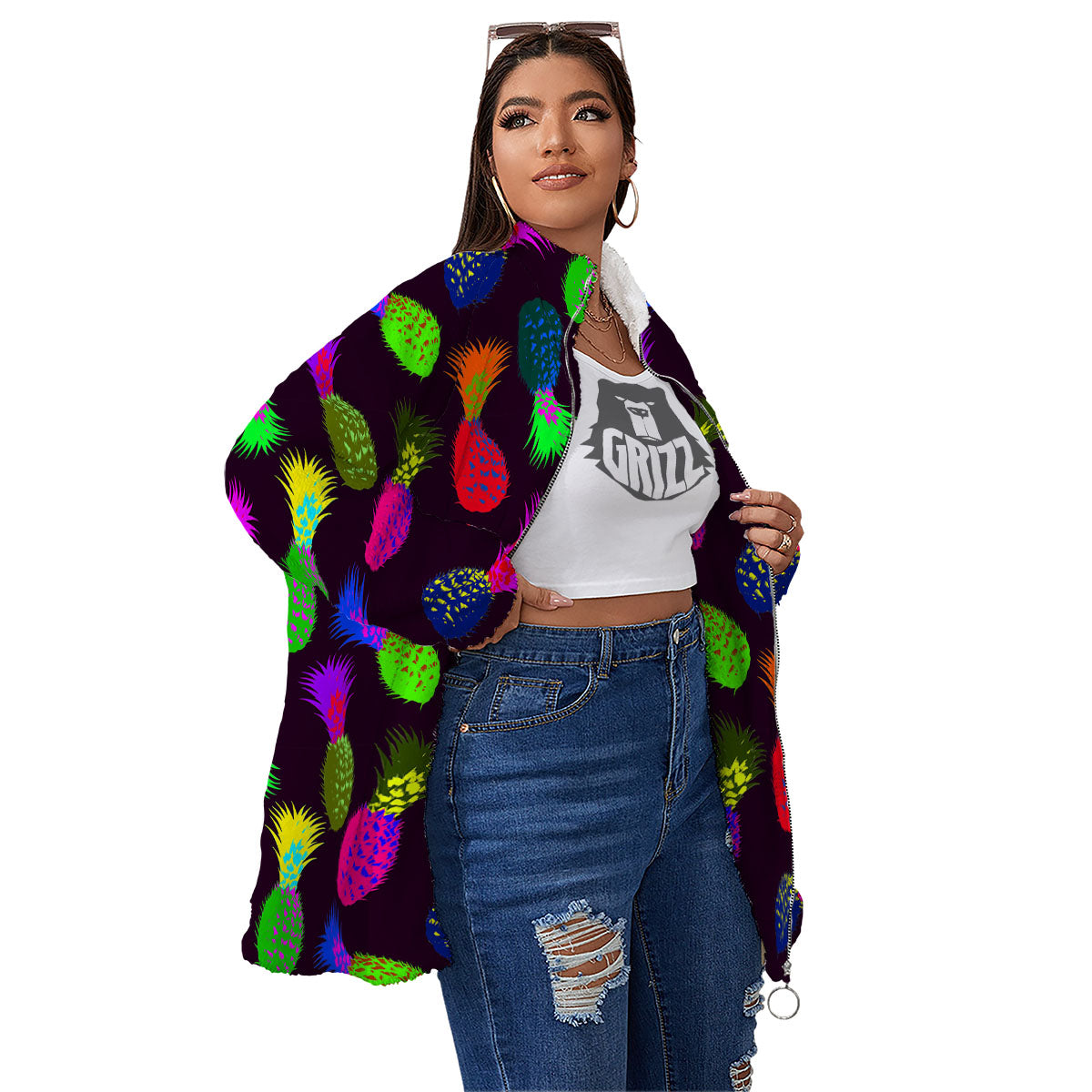 Pineapple Neon Trippy Print Pattern Women's Sherpa Jacket-grizzshop