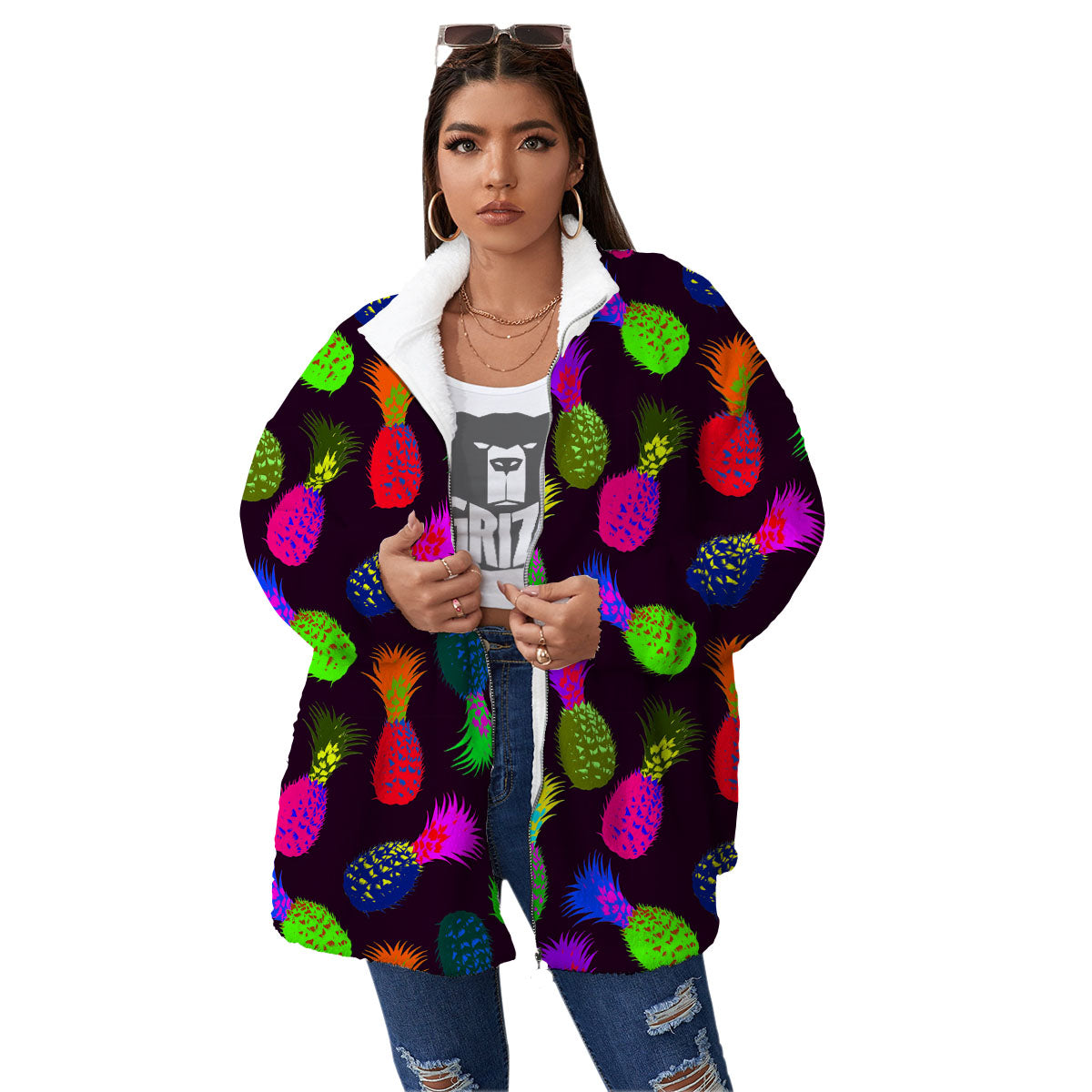 Pineapple Neon Trippy Print Pattern Women's Sherpa Jacket-grizzshop