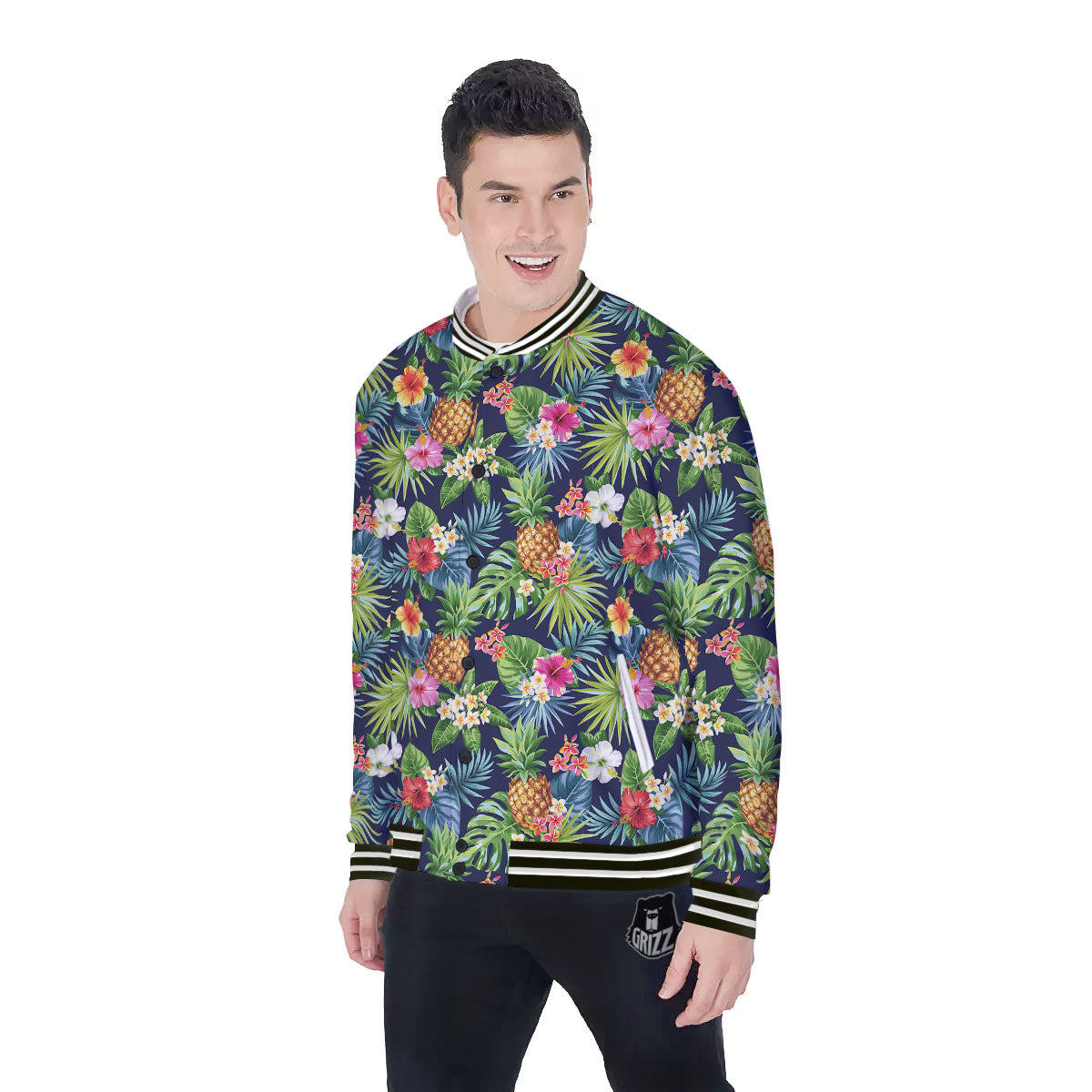 Pineapple Palm Leaf Print Pattern Baseball Jacket-grizzshop