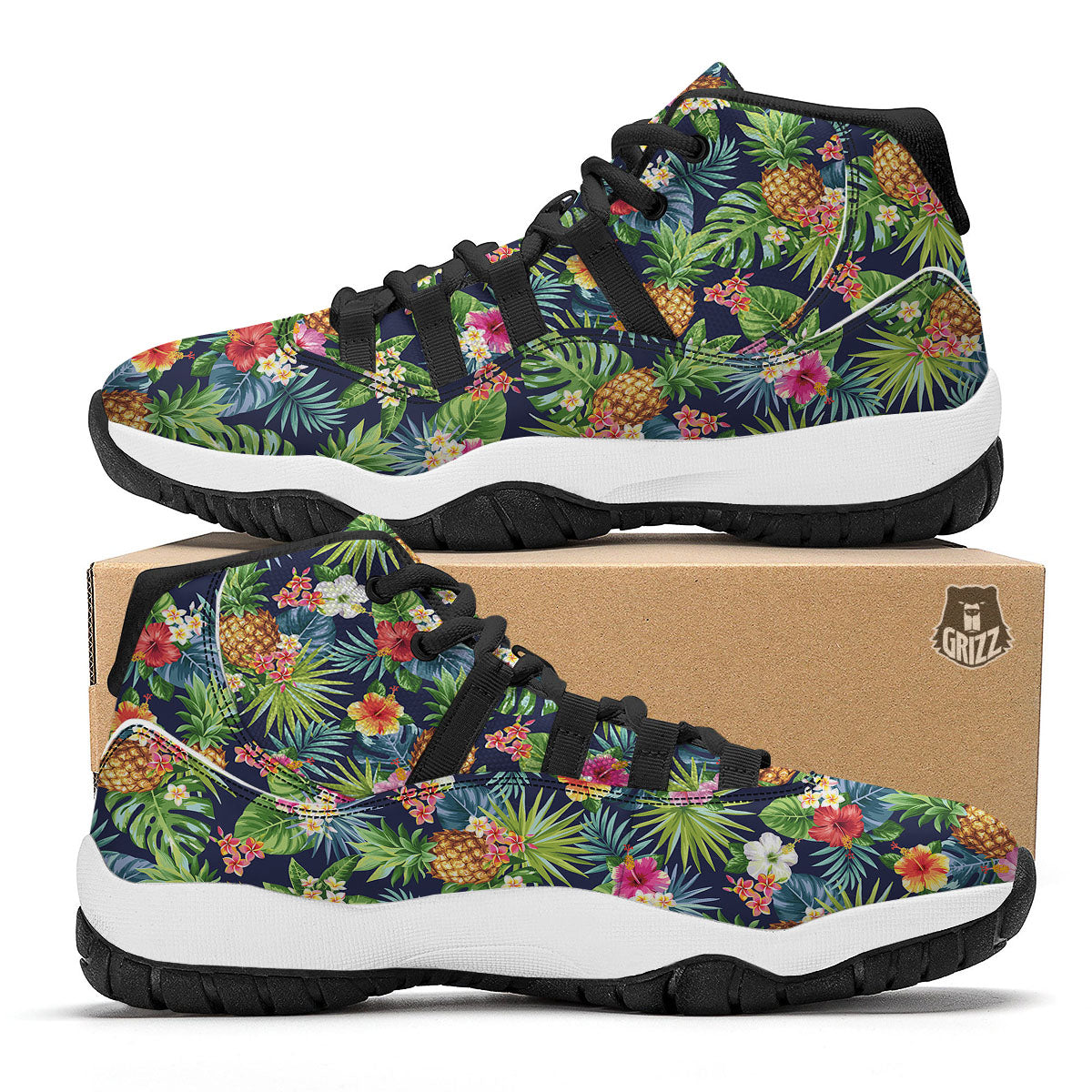 Pineapple Palm Leaf Print Pattern Black Bball Shoes-grizzshop