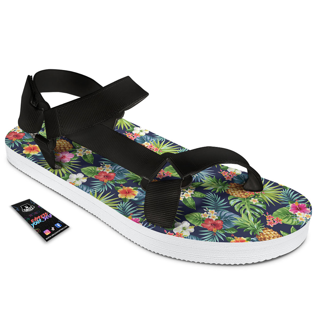 Pineapple Palm Leaf Print Pattern Black Open Toe Sandals-grizzshop