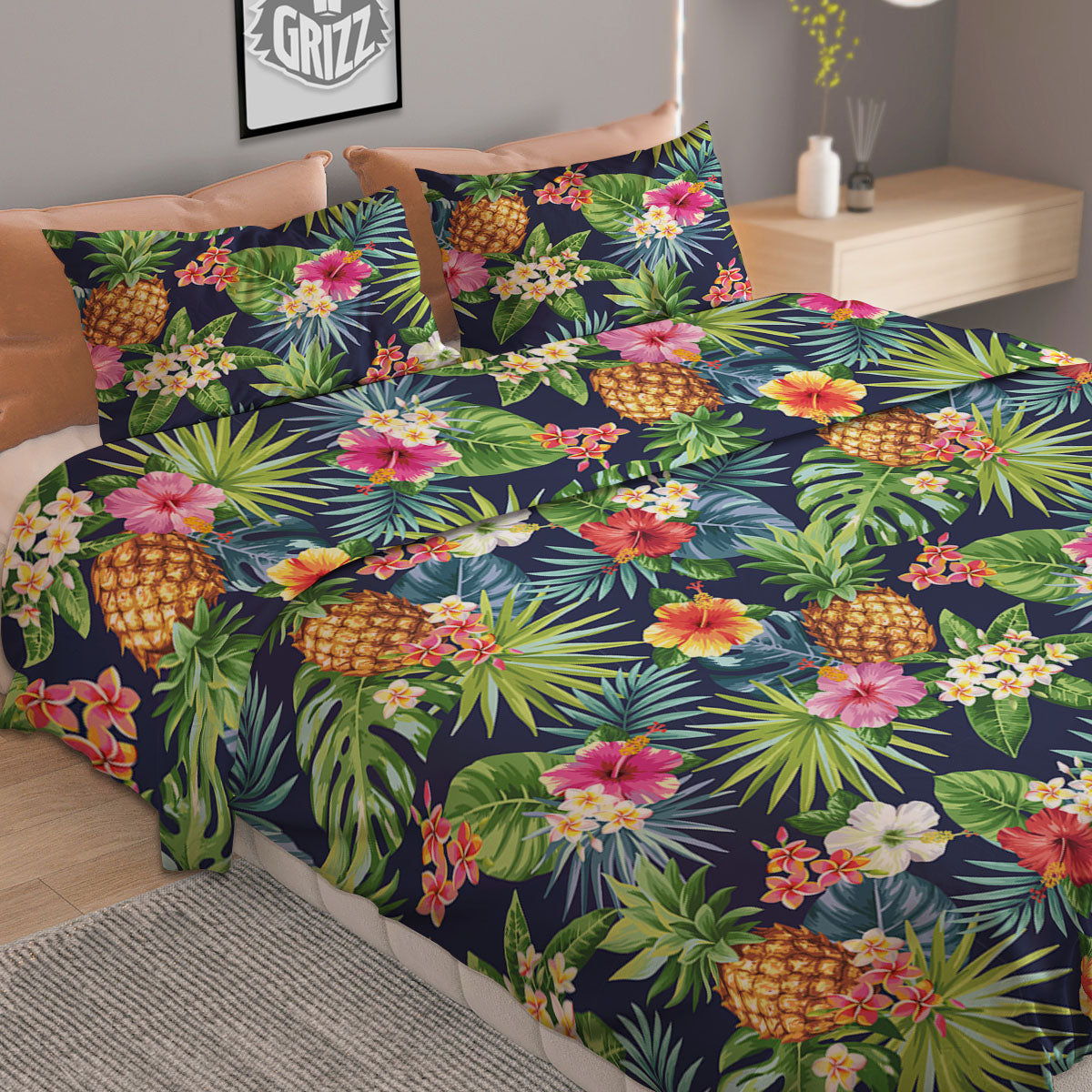 Pineapple Palm Leaf Print Pattern Duvet Cover Bedding Set