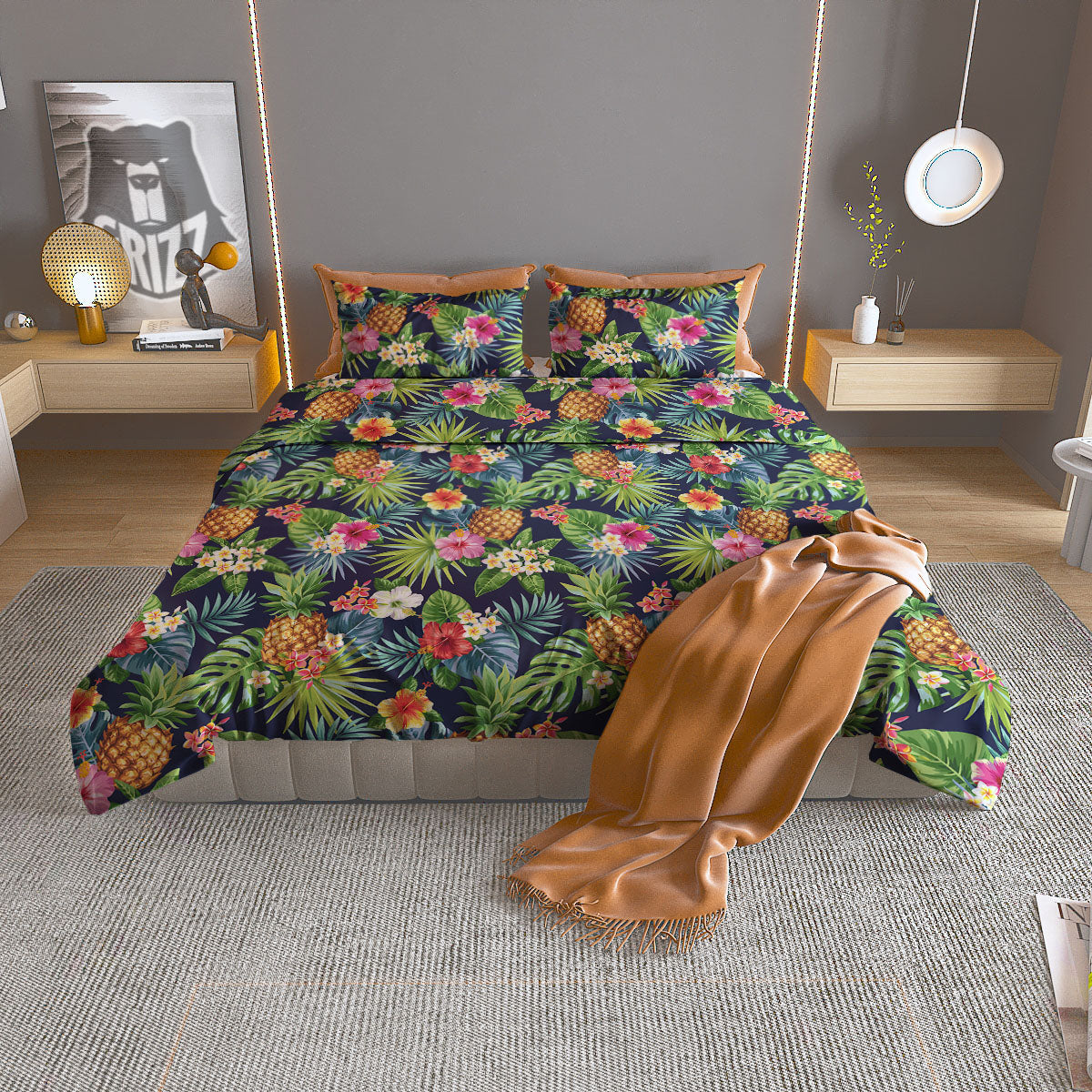 Pineapple Palm Leaf Print Pattern Duvet Cover Bedding Set