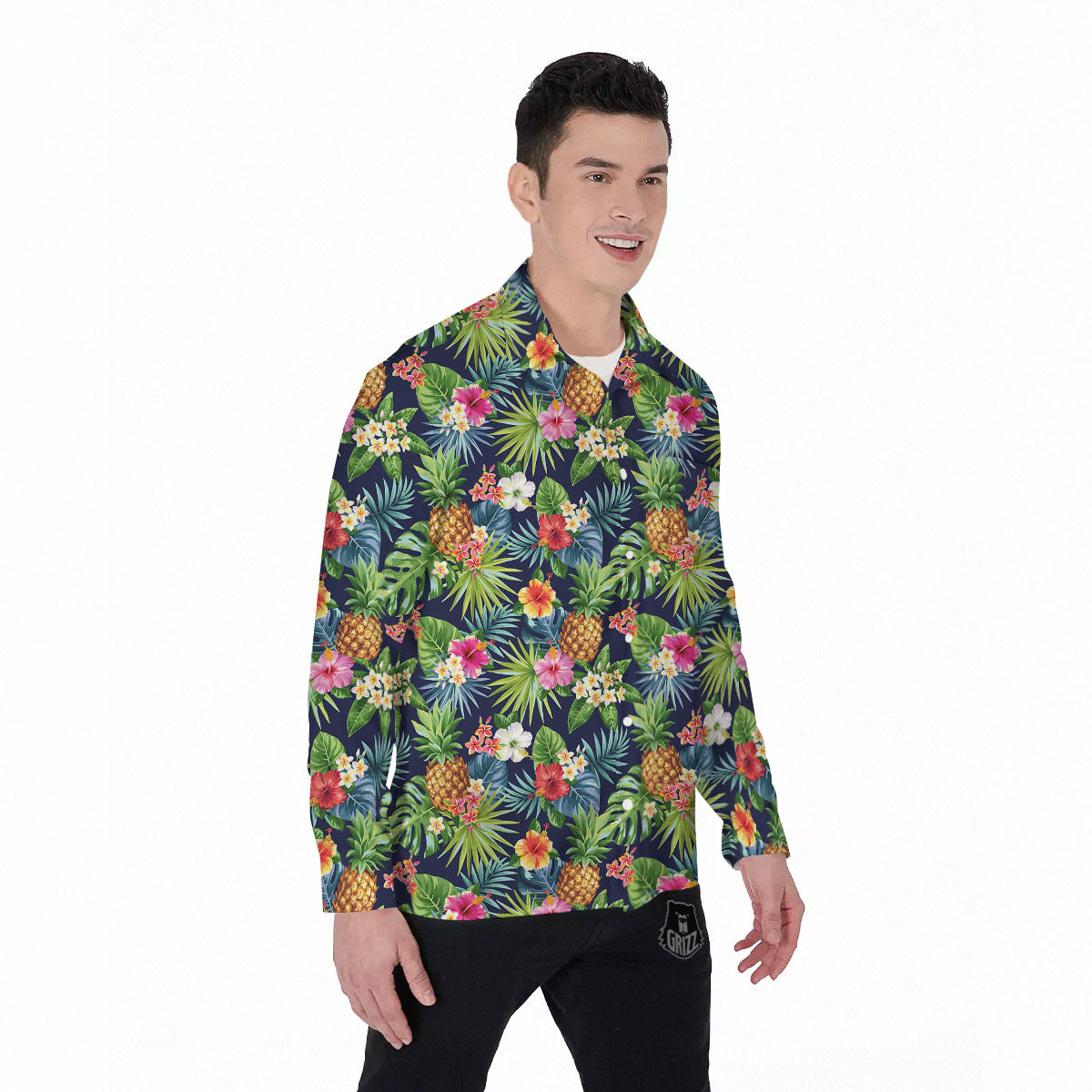 Pineapple Palm Leaf Print Pattern Men's Long Sleeve Shirts-grizzshop