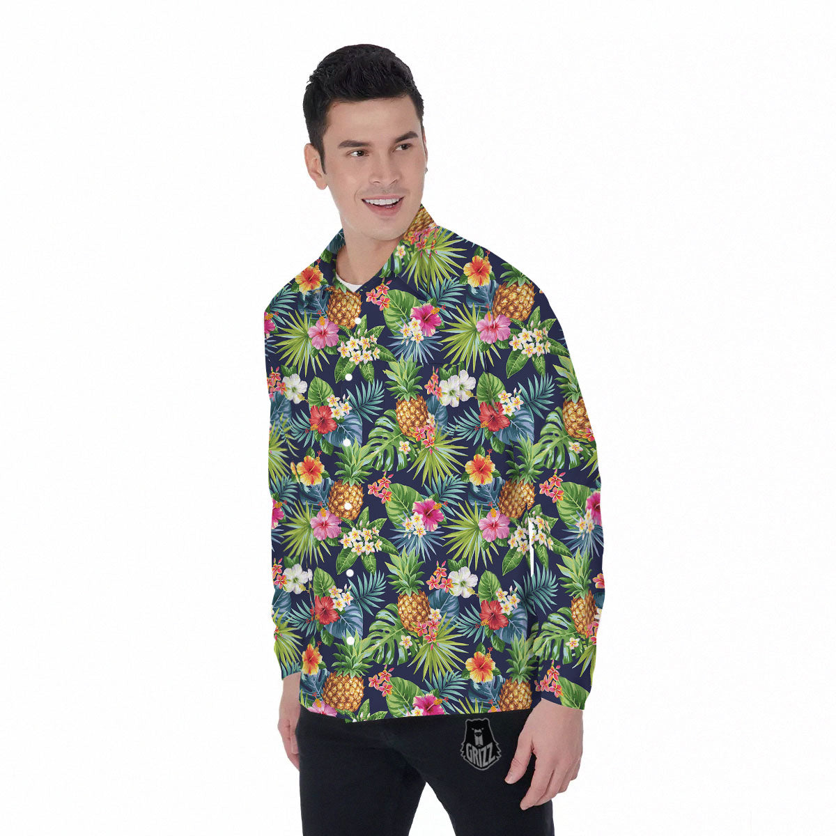 Pineapple Palm Leaf Print Pattern Men's Long Sleeve Shirts-grizzshop
