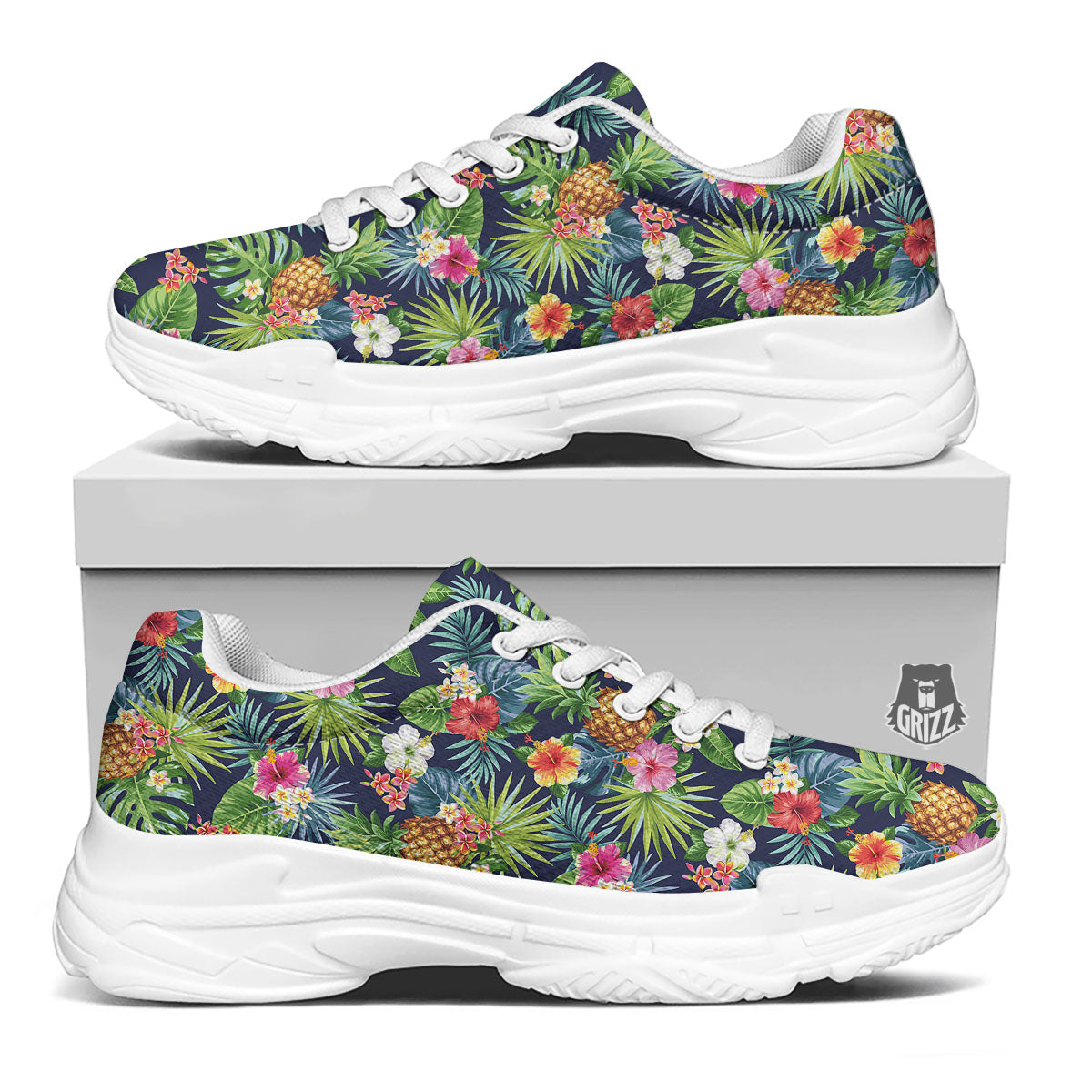 Pineapple Palm Leaf Print Pattern White Chunky Shoes-grizzshop