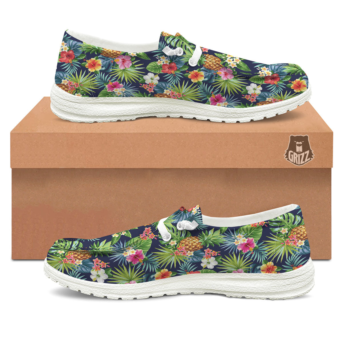 Pineapple Palm Leaf Print Pattern White Loafers-grizzshop