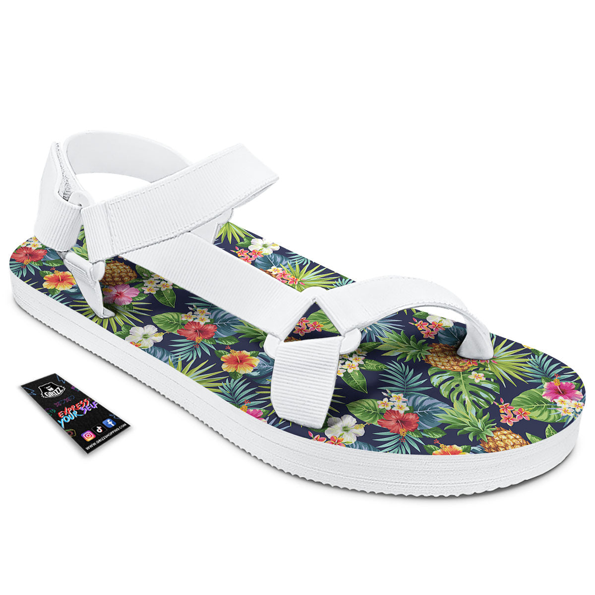 Pineapple Palm Leaf Print Pattern White Open Toe Sandals-grizzshop