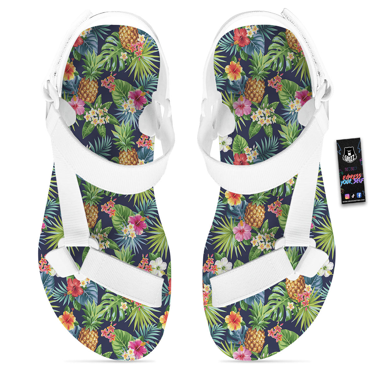 Pineapple Palm Leaf Print Pattern White Open Toe Sandals-grizzshop