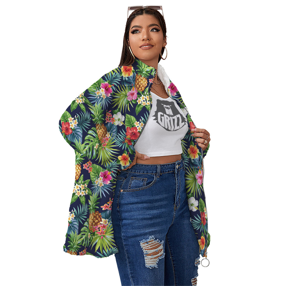 Pineapple Palm Leaf Print Pattern Women's Sherpa Jacket-grizzshop