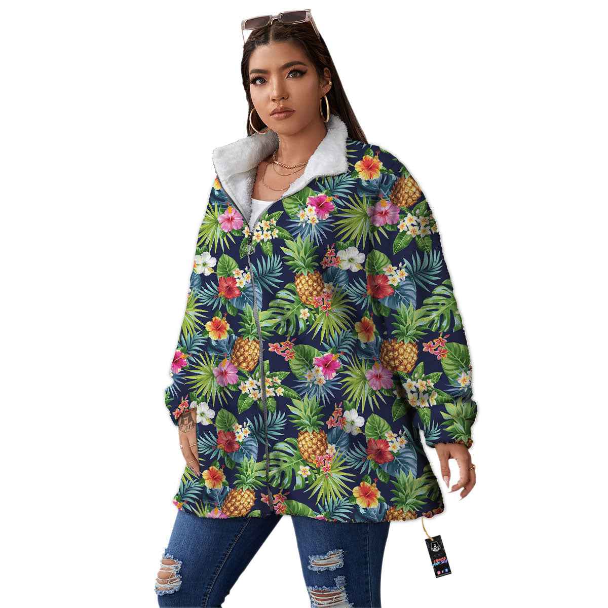 Pineapple Palm Leaf Print Pattern Women's Sherpa Jacket-grizzshop