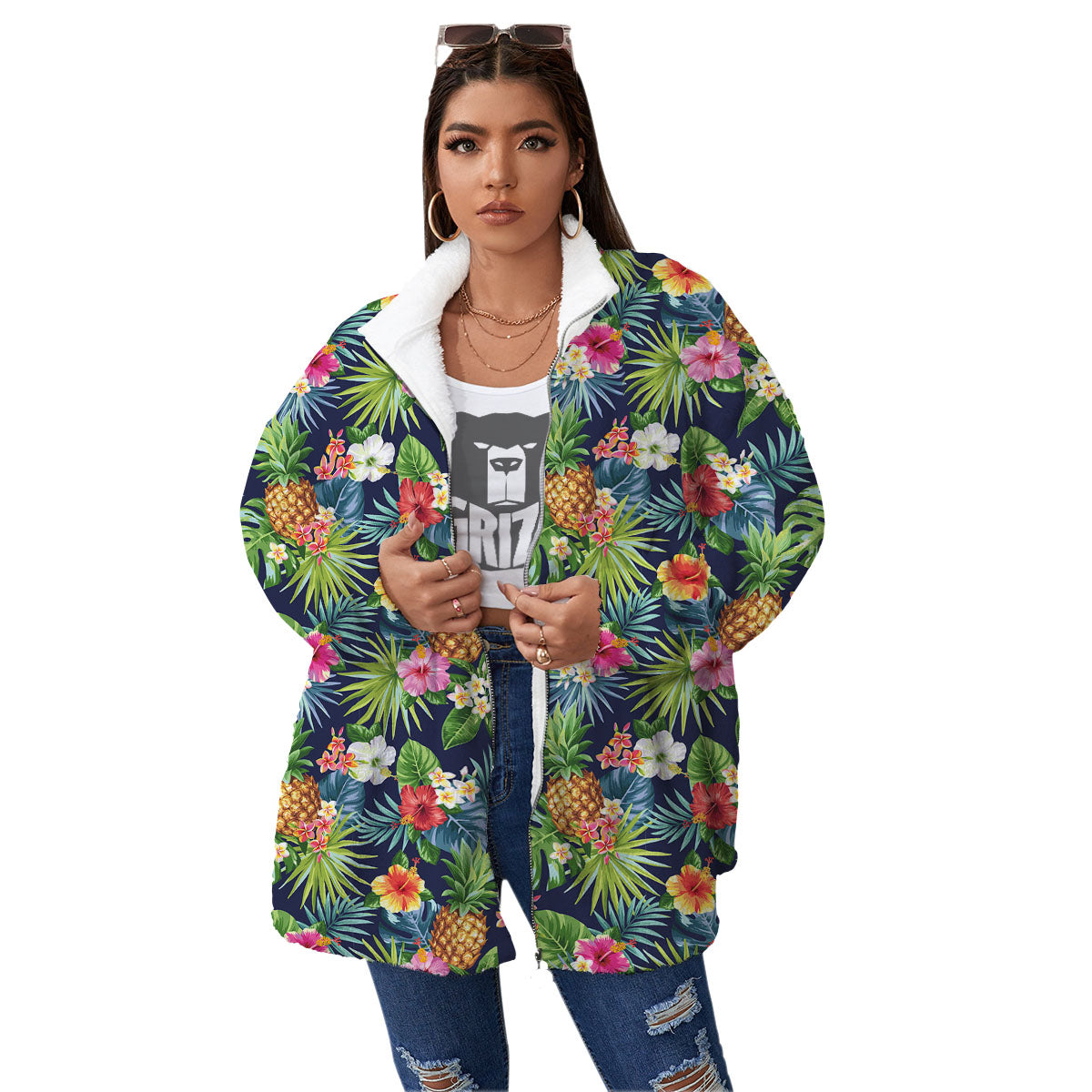Pineapple Palm Leaf Print Pattern Women's Sherpa Jacket-grizzshop