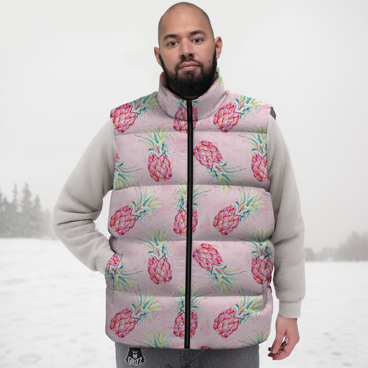 Pineapple Pastel Pink Print Pattern Down Vest-grizzshop