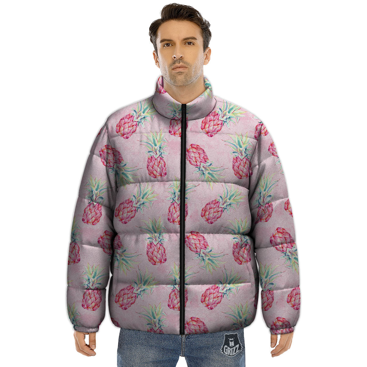 Pineapple Pastel Pink Print Pattern Puffer Jacket-grizzshop