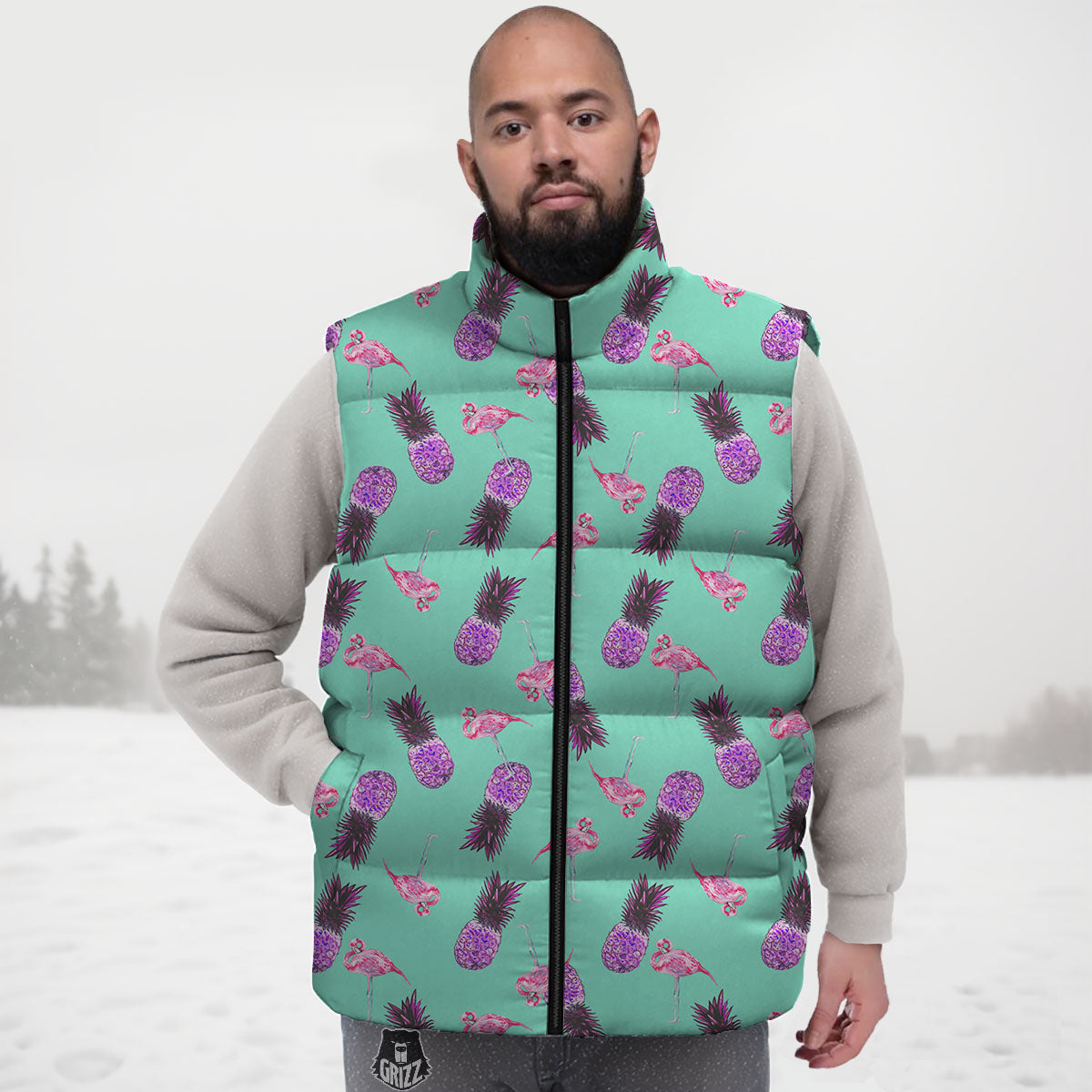 Pineapple Pastel Turquoise Print Pattern Down Vest-grizzshop