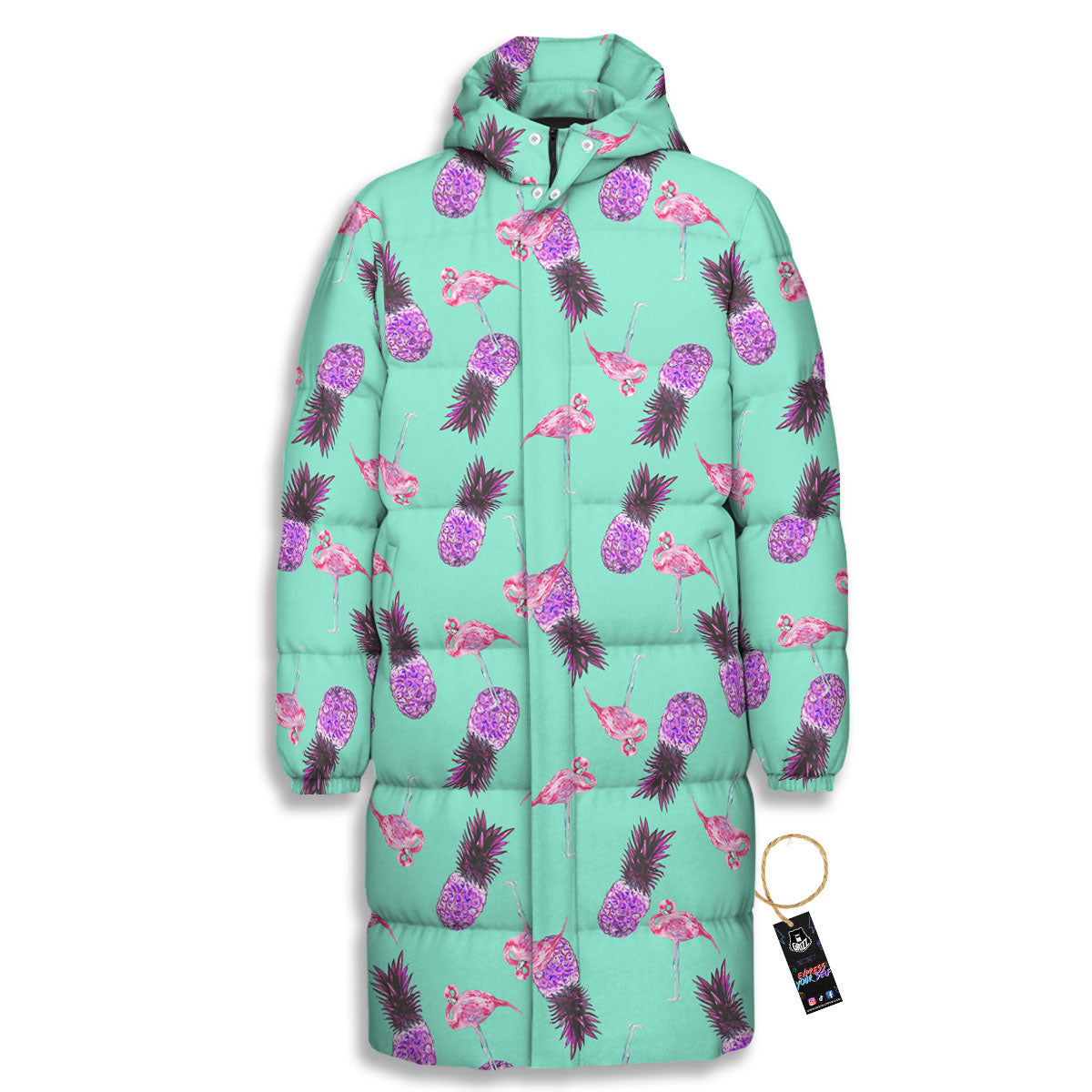Pineapple Pastel Turquoise Print Pattern Long Down Jacket-grizzshop