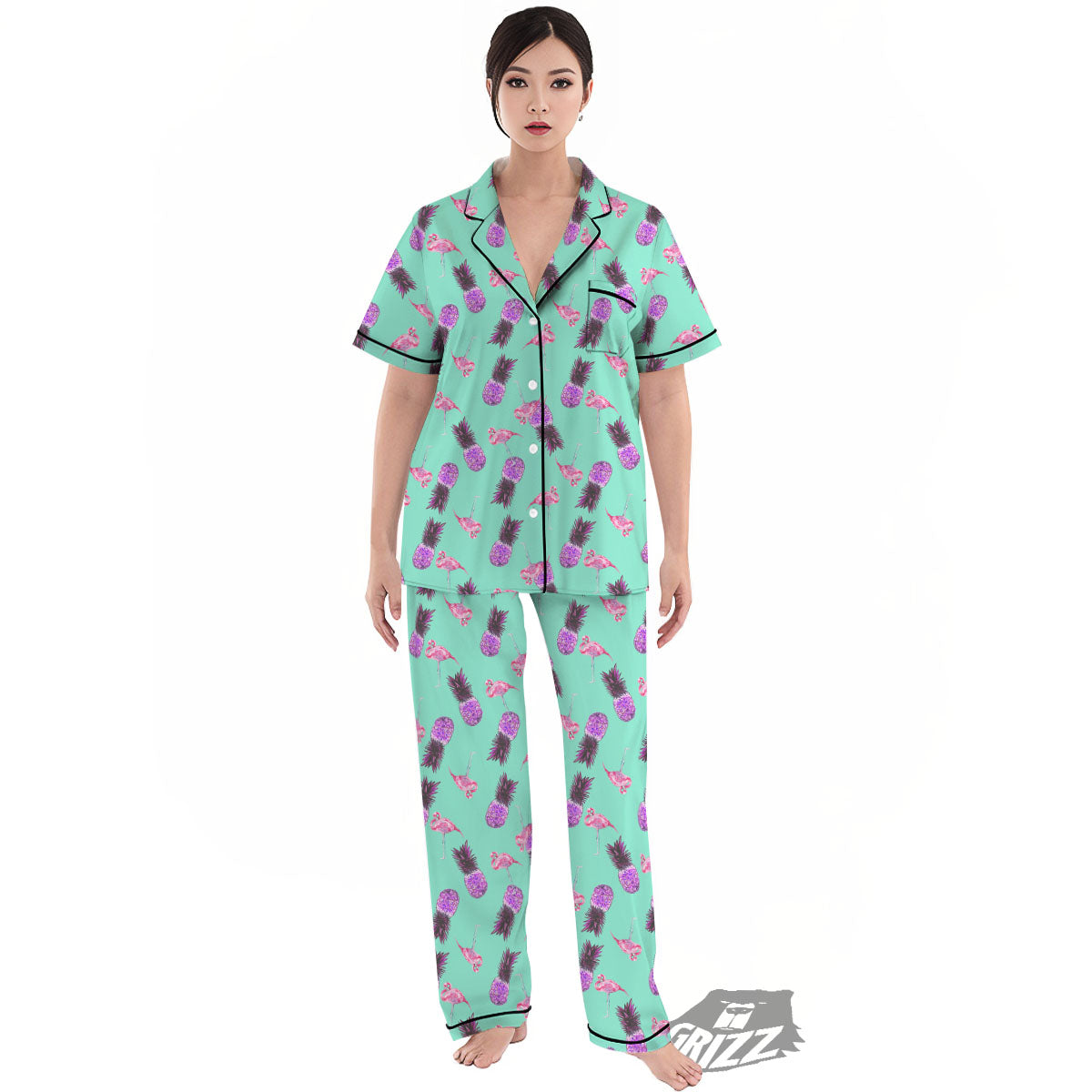 Pineapple Pastel Turquoise Print Pattern Women's Pajamas Set-grizzshop