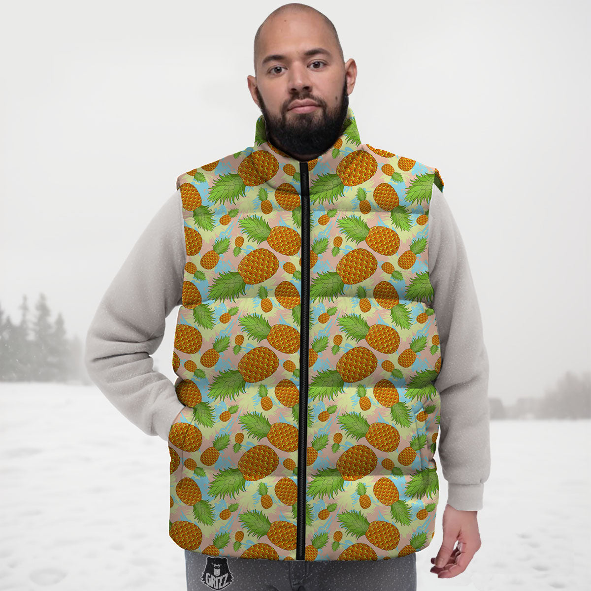 Pineapple Pastel Yellow Print Pattern Down Vest-grizzshop