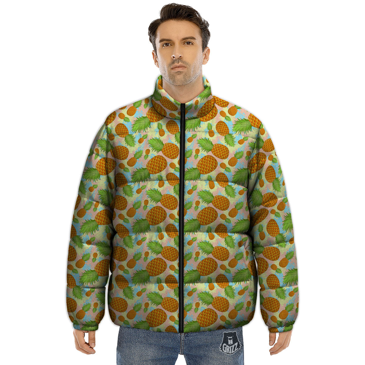 Pineapple Pastel Yellow Print Pattern Puffer Jacket-grizzshop