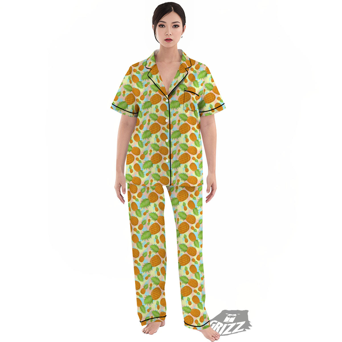 Pineapple Pastel Yellow Print Pattern Women's Pajamas Set-grizzshop