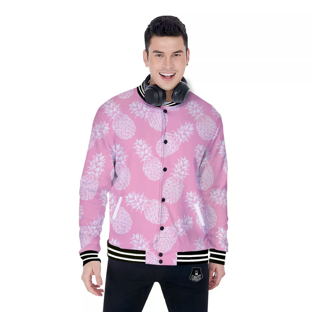 Pineapple Pink Print Pattern Baseball Jacket-grizzshop