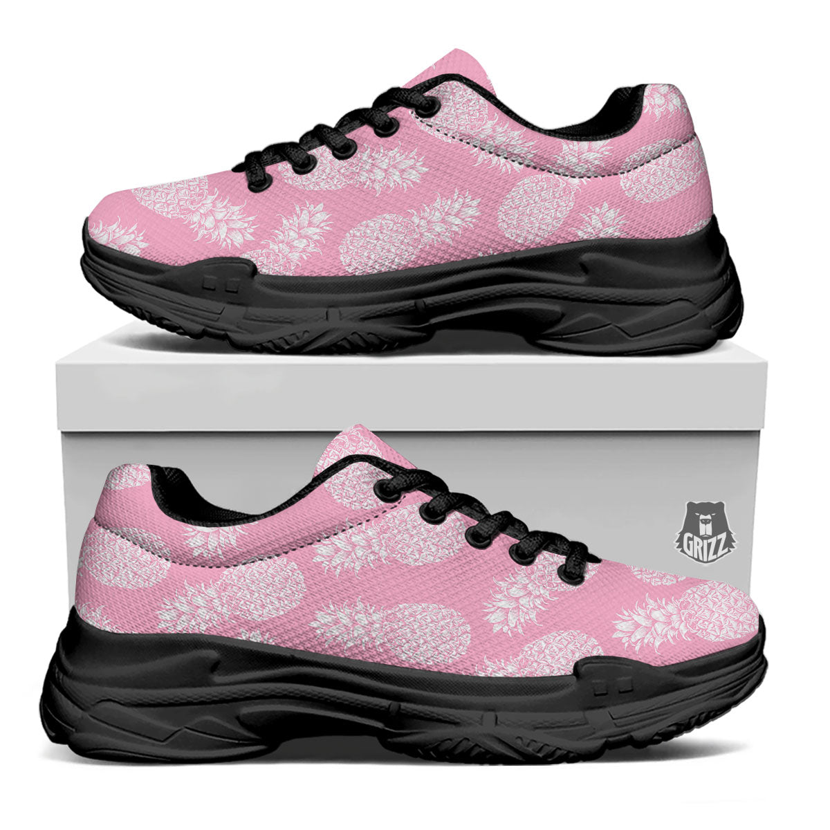 Pineapple Pink Print Pattern Black Chunky Shoes-grizzshop