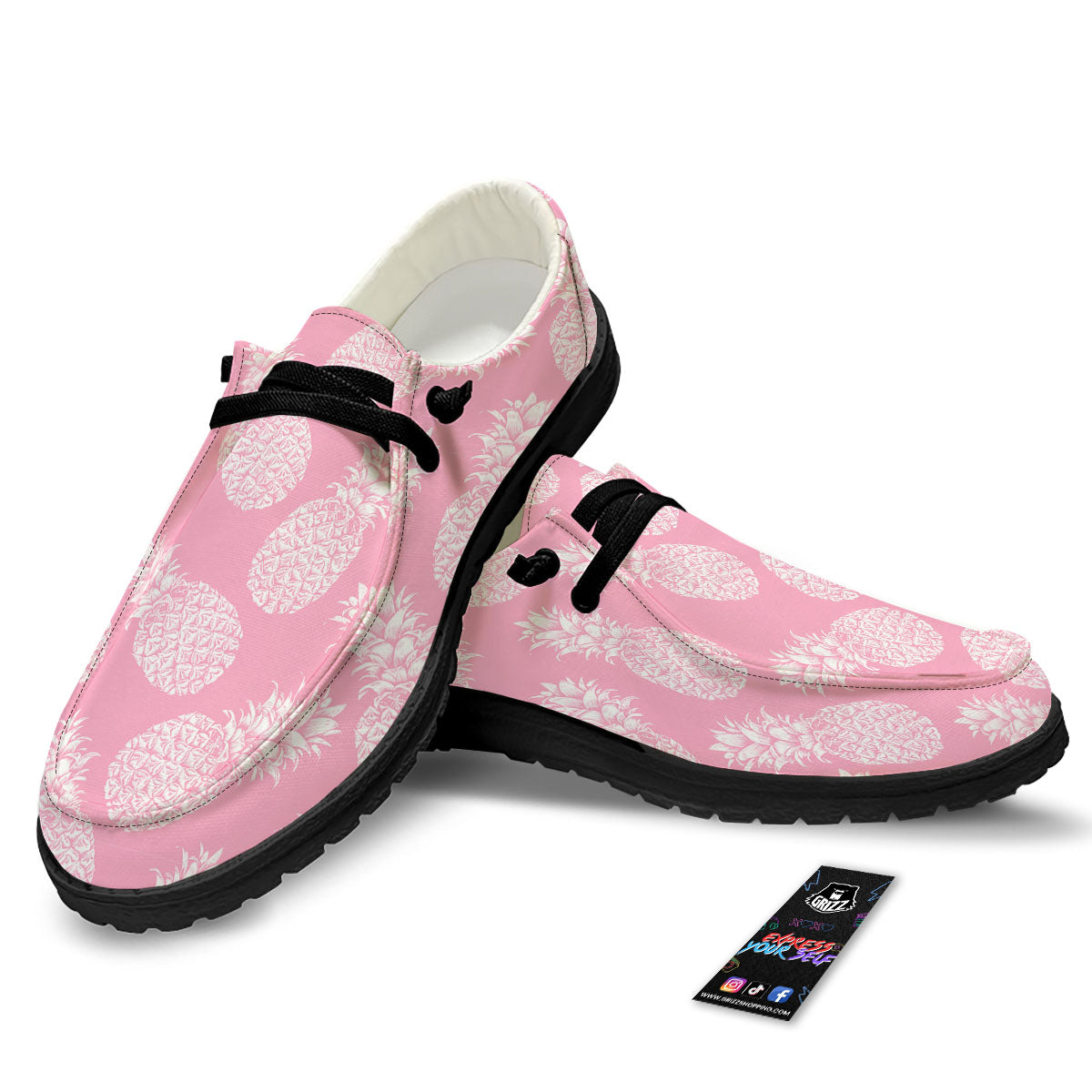 Pineapple Pink Print Pattern Black Loafers-grizzshop