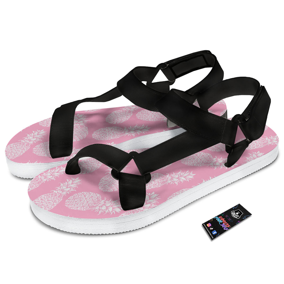 Pineapple Pink Print Pattern Black Open Toe Sandals-grizzshop