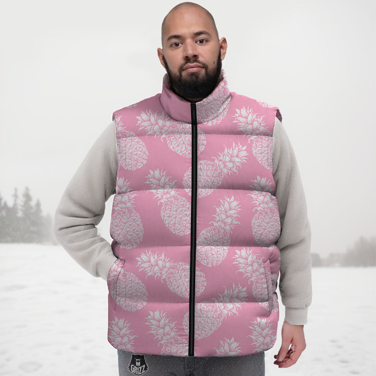 Pineapple Pink Print Pattern Down Vest-grizzshop