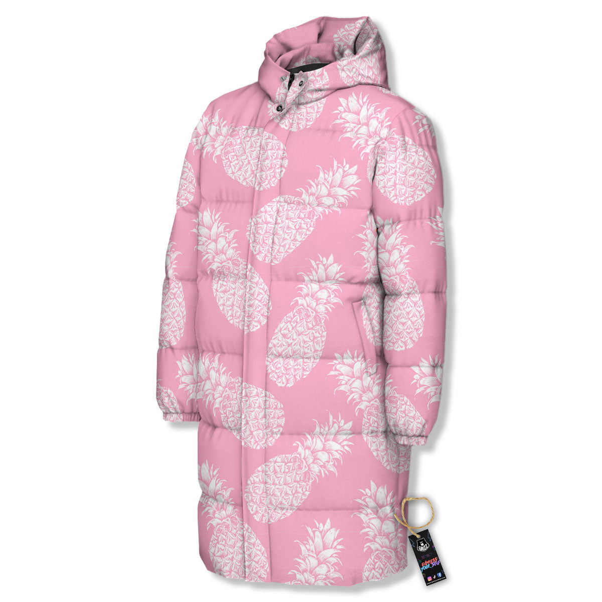 Pineapple Pink Print Pattern Long Down Jacket-grizzshop